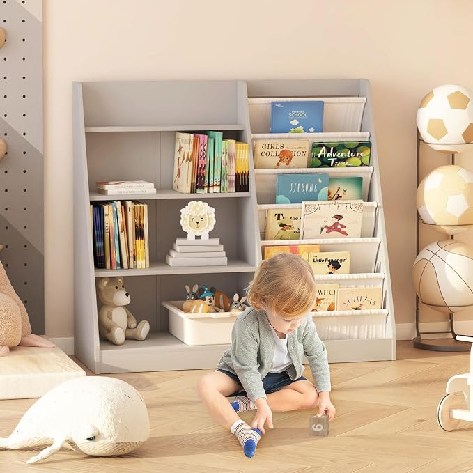 Gray Kids Bookshelf for Nursery Toddler Baby Sling Book Rack Adjustable Shelf - Image 6