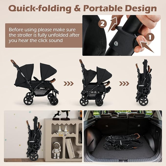 INFANS Double Stroller, Foldable Baby Tandem Stroller - Image 7