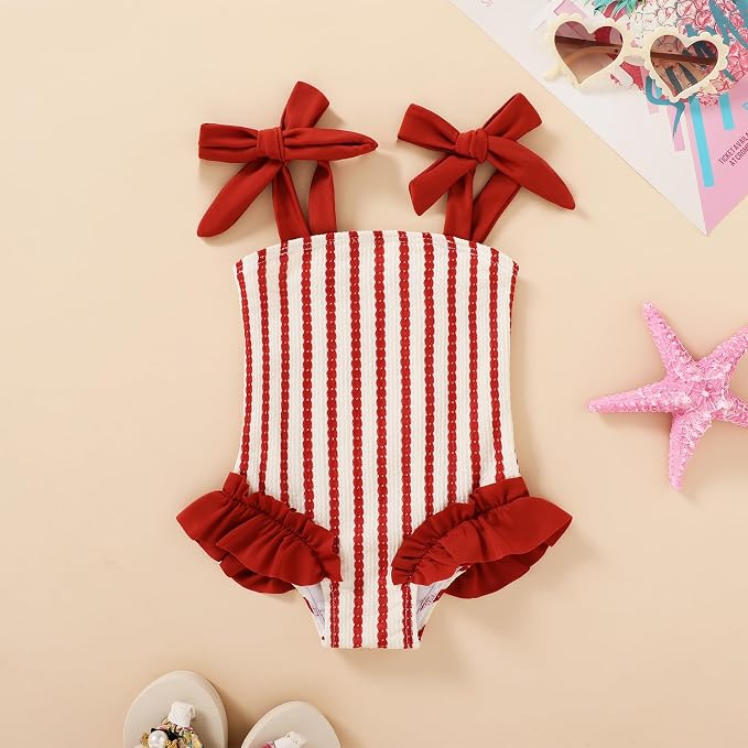 Happy Town Toddler Swimsuit Girl Solid Color Stripe One-Piece Baby Bathing Suits - Image 2