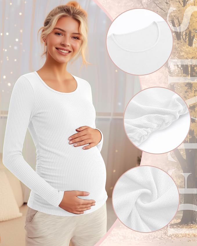 Riyiper 4 Pack Women's Maternity Shirts, Long Sleeve Cotton Ribbed Pregnancy - Image 5