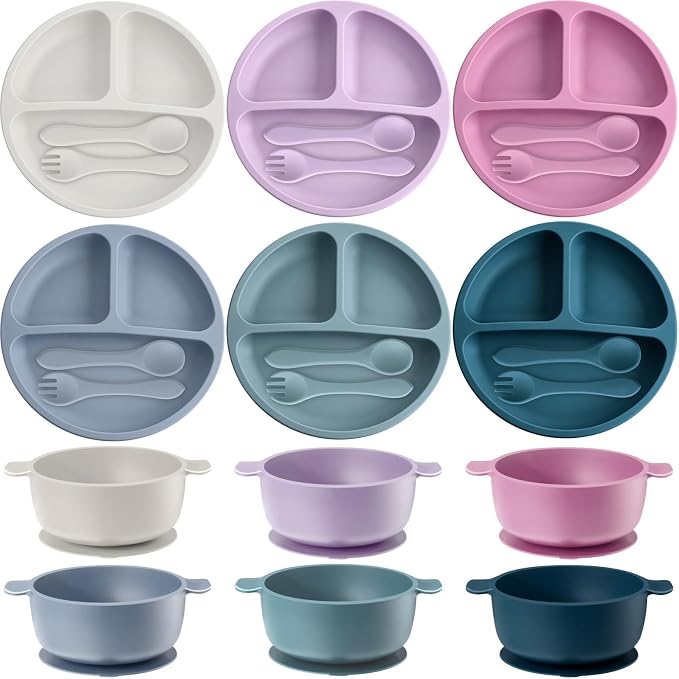 Dandat 24 Pcs Silicone Baby Feeding Set, 6 Baby Toddler Suction Bowls 6 Divided by Dandat