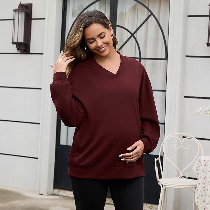 GINKANA Maternity Long Sleeve Shirts V Neck Sweatshirt Casual Tunic Tops - Image 3