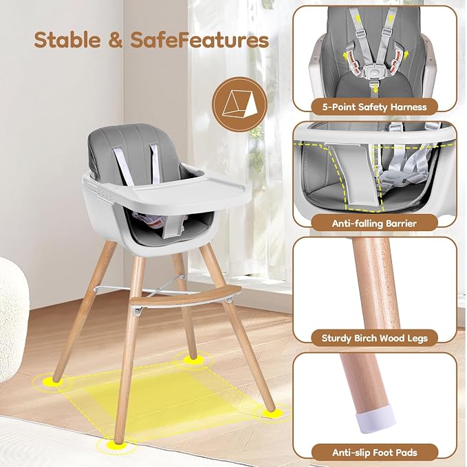 High Chairs for Babies and Toddlers, 3 in 1 Convertible Wooden highchair - Image 5