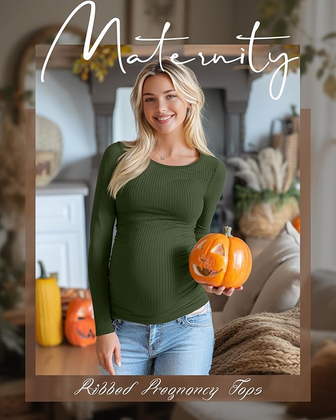 Huukeay 4 Pack Women's Maternity Shirts, Long Sleeve Cotton Ribbed Pregnancy - Image 3