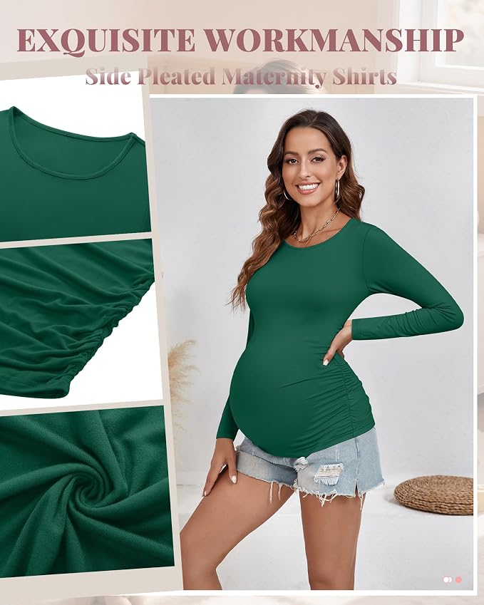 Ficerd 3 Pack Women's Maternity Shirts, Long Sleeve Side Ruched Pregnancy Tee - Image 6