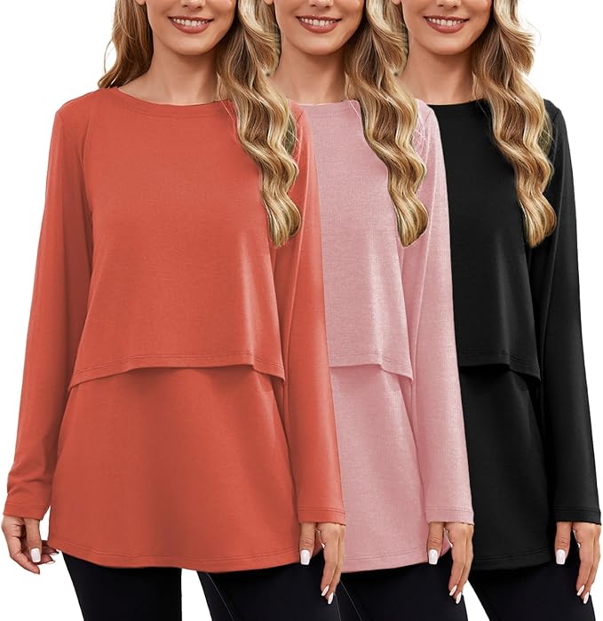 Ecavus Women's 3Pack Maternity Nursing Shirts Long Sleeve Double Layer by Ecavus