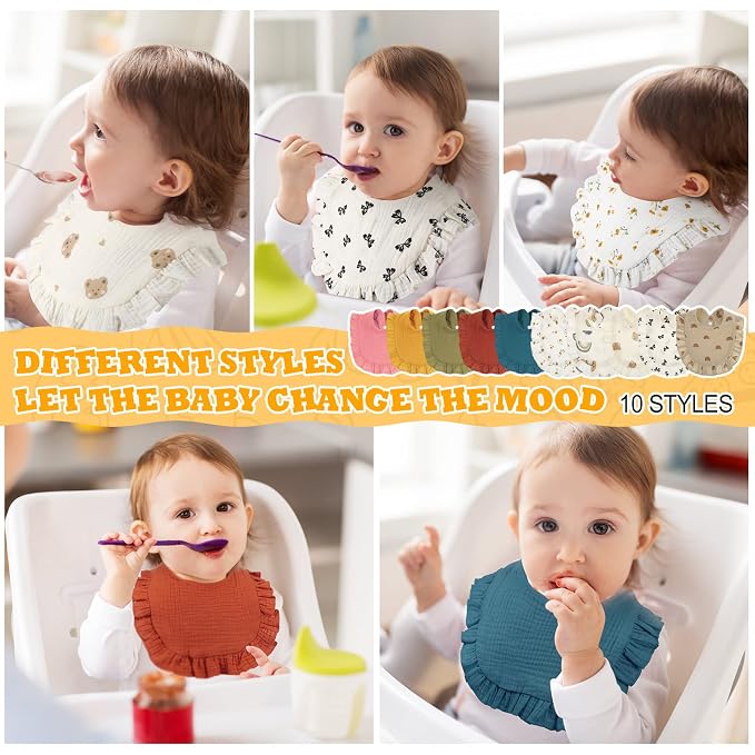 Mepase 10 Pcs Large Muslin Baby Girl Bibs Drool Teething Bibs Lap Shoulder - Image 5