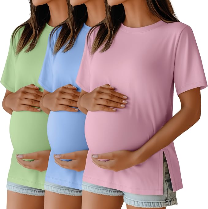 Ficerd 3 Pack Women's Maternity T Shirts, Short Sleeve Side Split Pregnancy by Ficerd