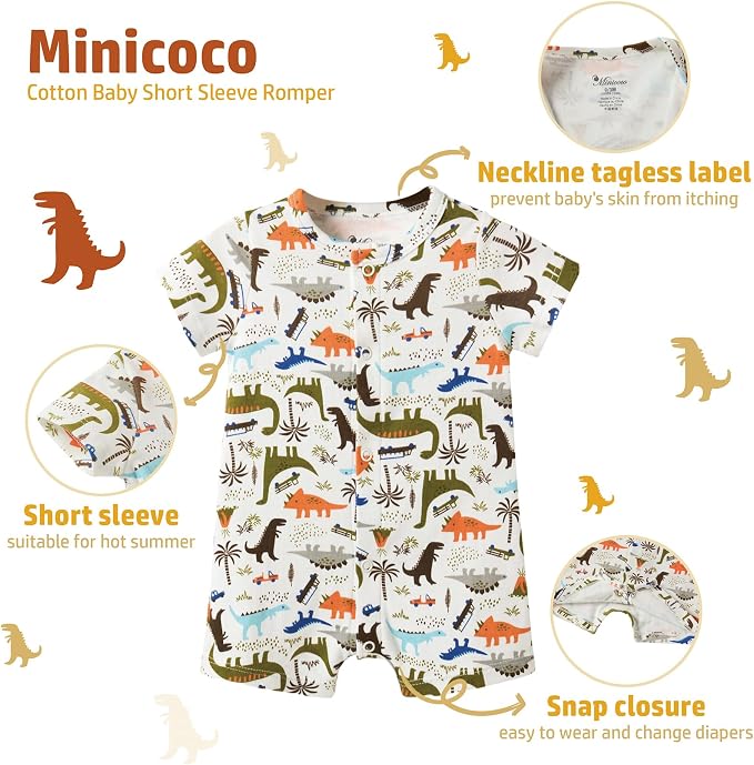 3-Pack 100% Cotton Baby Boy Rompers, 0-24Months Short Sleeve Toddler Romper - Image 4