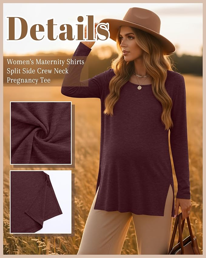 Riyiper 3 Pack Women's Maternity Long Sleeve T-Shirts Round Neck Side Split - Image 3
