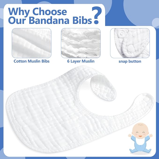 Reginary 30 Pack White Muslin Baby Bibs Bulk Adjustable 6 Layers Baby Bandana - Image 3