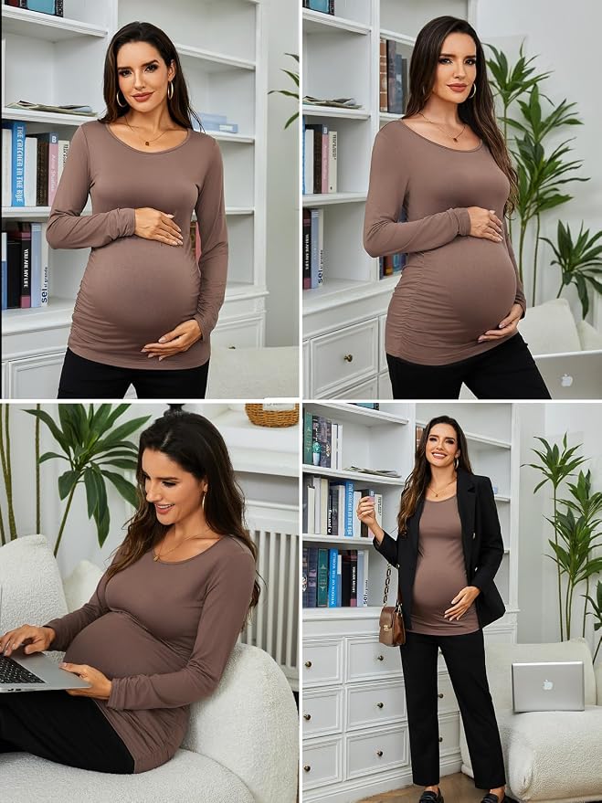 Ecavus Women's Maternity Shirts Long Sleeve Soft Stretchy Pregnancy Tops Side - Image 6