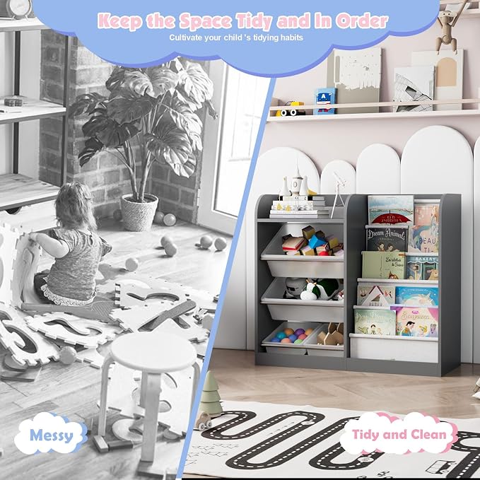 Grey Kids Wood Bookshelf Toy Storage Box Organizer Shelf W/4 Removable Plastic - Image 5