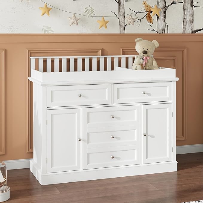 Nursery Dresser with Changing Table Top, Laundry Basket & Raised Guard by ROMSHINE