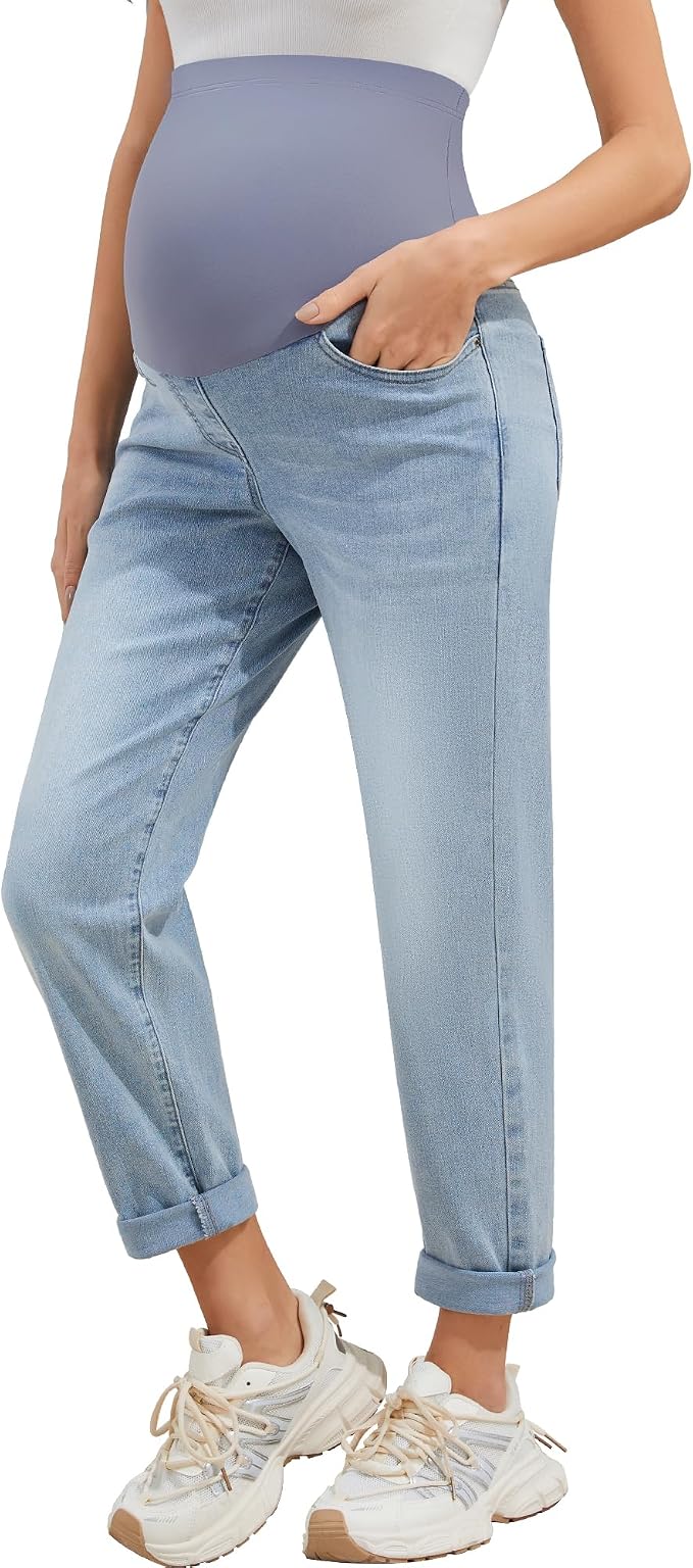 POSHGLAM Women's Maternity Jeans Over Belly Comfy Stretch 28'' Boyfriend Jeans by POSHGLAM