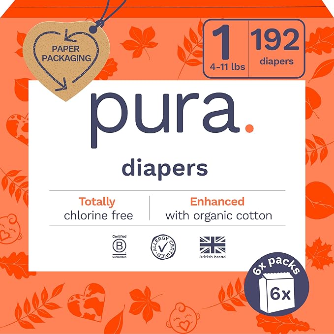 Pura Size 1 Eco-Friendly Diapers Hypoallergenic, Soft Organic Cotton Comfort by MyPura