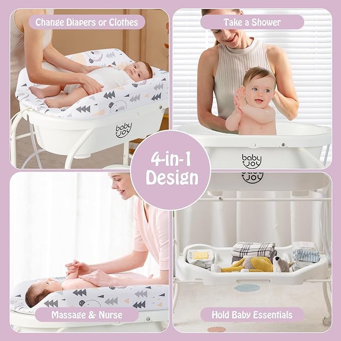 BABY JOY Baby Bathtub with Changing Table, Foldable Infant Diaper Changing - Image 2