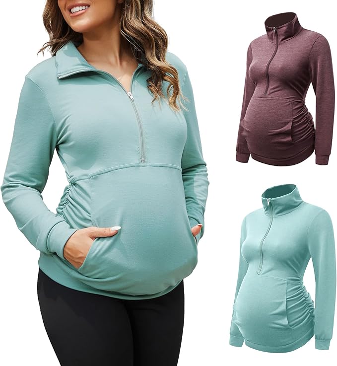 GINKANA Maternity Women's Long Sleeve Shirt Half Zipper Lapel Lightweight by GINKANA