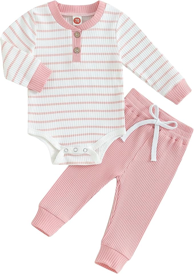Newborn Baby Boy Girl Clothes Ribbed Knitted Long Sleeve Romper Pants Solid by MABABY