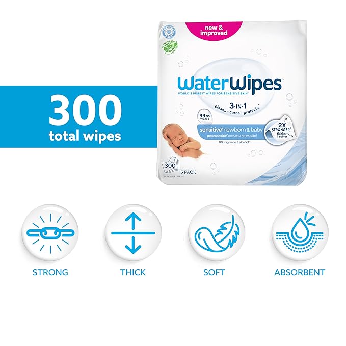 WaterWipes Sensitive+ Newborn & Baby Wipes, 3-In-1 Cleans, 99.9% Water - Image 2