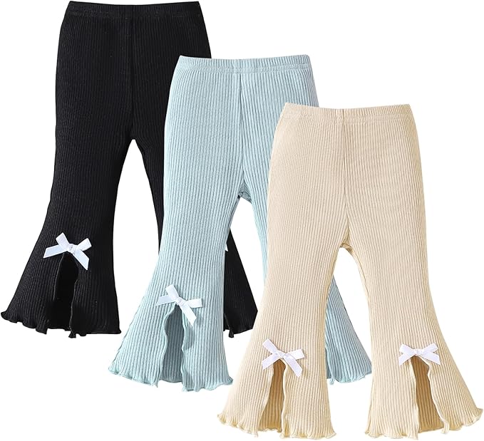 SOBOWO Baby Girl Flare Pants 3 Pack Toddler Solid Ribbed Ruffle Bell Bottoms by SOBOWO