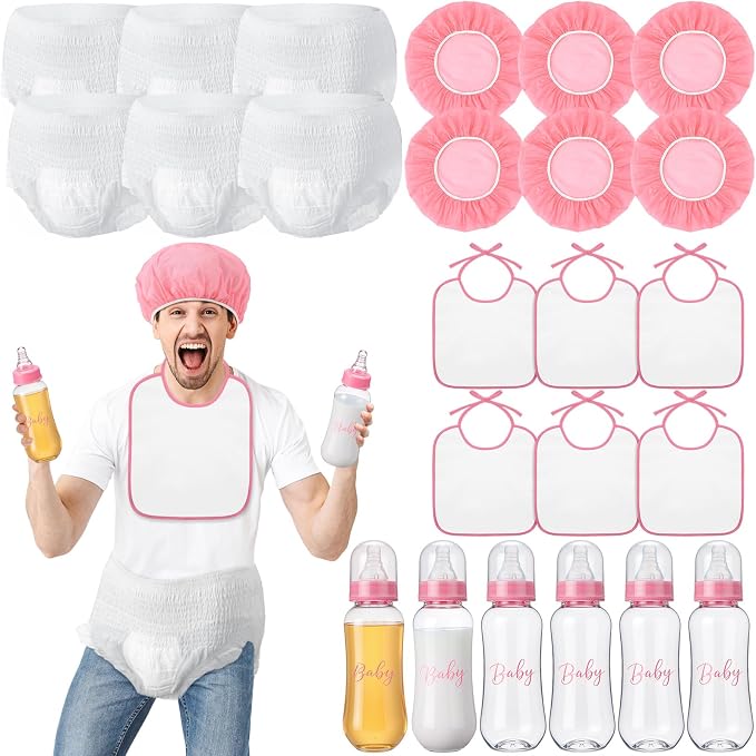 6 Sets Bottle Chug Baby Shower Games Juegos Para Plastic Baby Bottles Bibs Hat by giftlyze