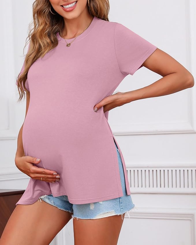 Ficerd 3 Pack Women's Maternity T Shirts, Short Sleeve Side Split Pregnancy - Image 4