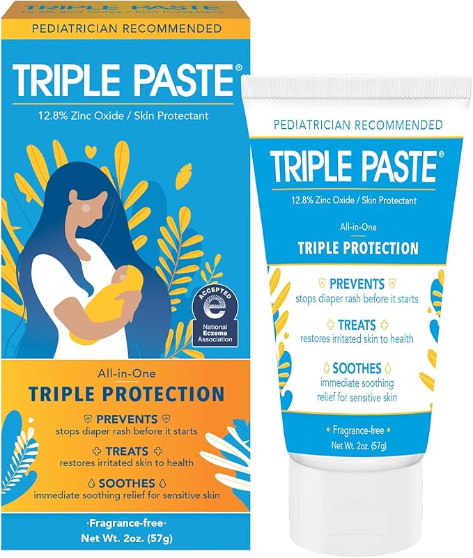 Triple Paste Diaper Rash Cream for Baby - 2 oz Tube - Zinc Oxide Ointment Treats by TriplePaste