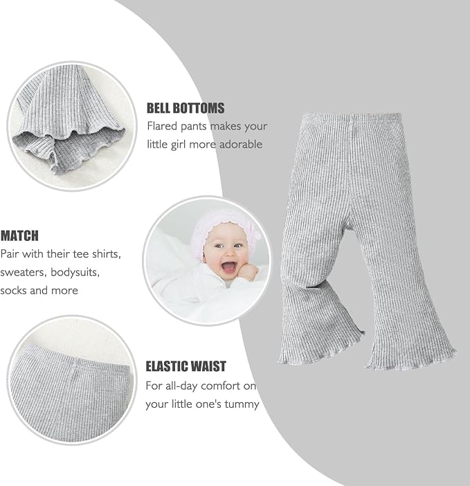 SOBOWO Baby Girl Flare Pants 3 Pack Toddler Solid Ribbed Ruffle Bell Bottoms - Image 4