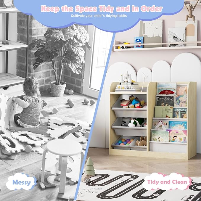 Natural Kids Wood Bookshelf Toy Storage Box Organizer Shelf W/4 Removable - Image 3