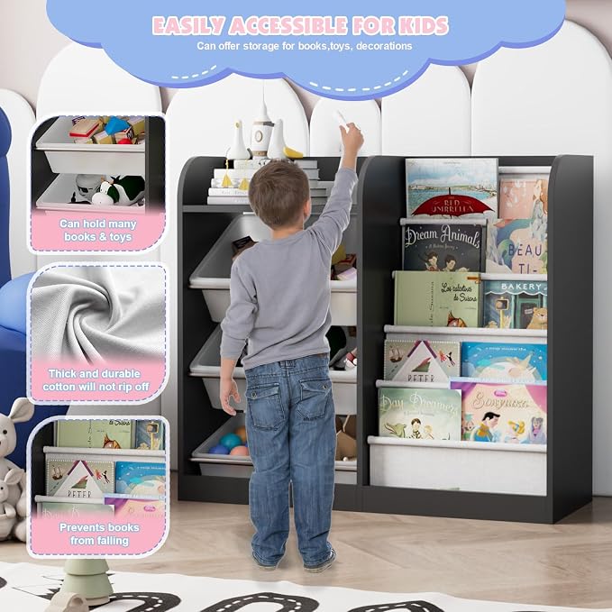Black Kids Wood Bookshelf Toy Storage Box Organizer Shelf W/4 Removable Plastic - Image 5