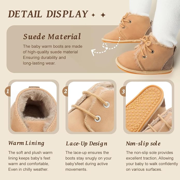 Baby Unisex Warm Snow Boots Newborn Leather Fur Lace Up Ankle Anti-Slip Rubber - Image 3
