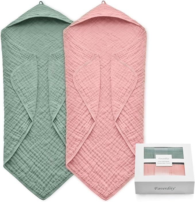 Hooded Baby Towels for Newborn, 35x35 Inch 2 Pack 100% Muslin Cotton Baby Bath by EveryNewMothersChoice