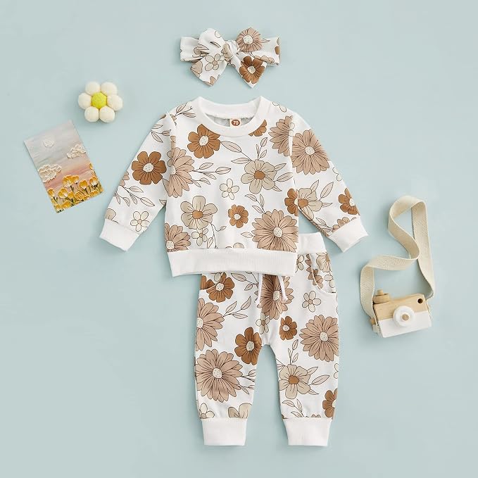 3Pcs Baby Girl Outfits Daisy Sweatshirt + Pants + Headband Infant Fall Winter - Image 5