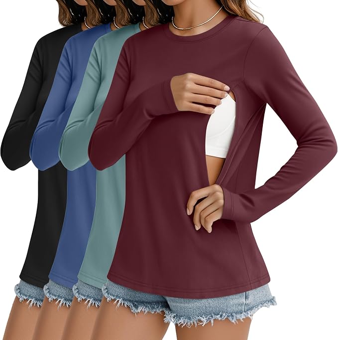 4 Pack Women's Nursing Breastfeeding Tops, Long Sleeve Maternity Shirts Loose by Sweetyweee