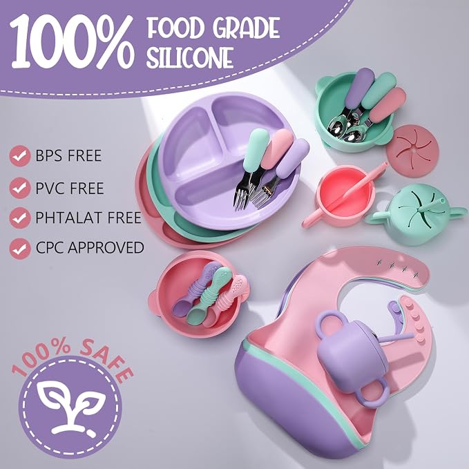 24 Pack Silicone Baby Feeding Set Baby LED Weaning Supplies Includes Suction - Image 2