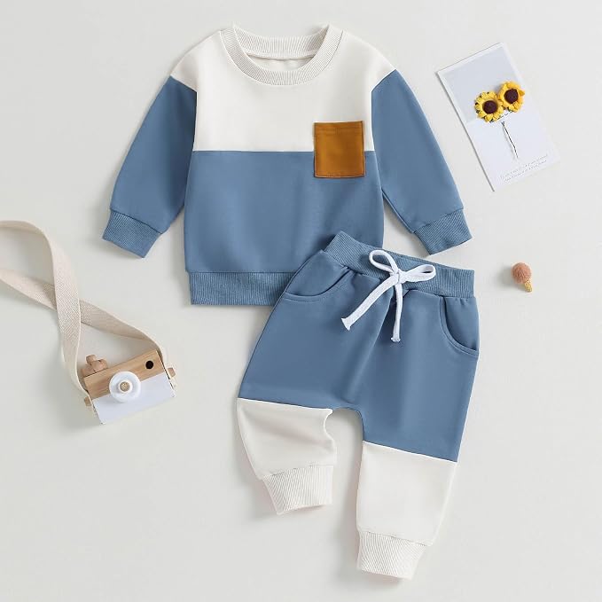 Toddler Baby Boy Fall Clothes Waffle Contrast Color Sweatshirt Pants Sets - Image 2