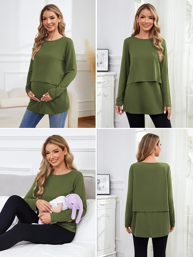 Ecavus Women's 3Pack Maternity Nursing Shirts Long Sleeve Double Layer - Image 5