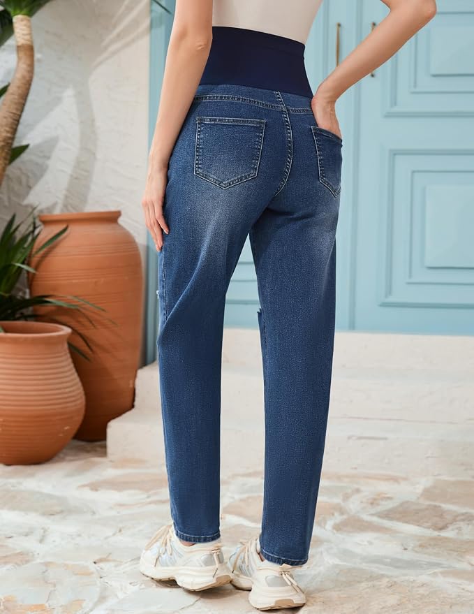 POSHGLAM Women's Maternity Jeans Over Belly Comfy Stretch 28'' Boyfriend Jeans - Image 5
