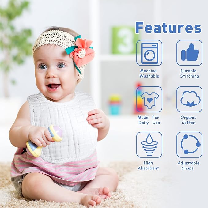 Reginary 30 Pack White Muslin Baby Bibs Bulk Adjustable 6 Layers Baby Bandana - Image 7