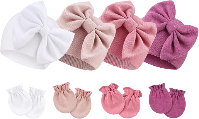 BQUBO Newborn Baby Hats Mittens Set Hospital Hat Beanie Infant Bow Hats Baby by DRESHOW