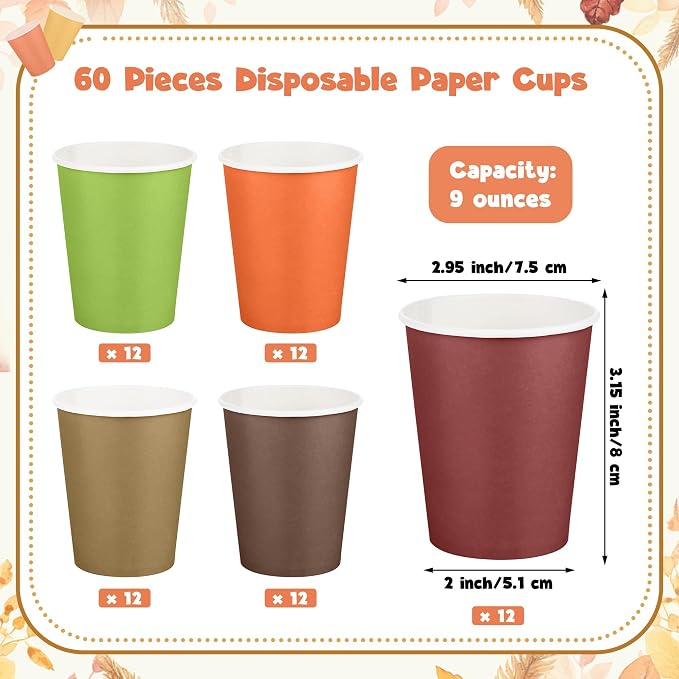 URATOT 60 Pieces 9 Ounce Disposable Paper Cups Autumn Color Party Cups - Image 2
