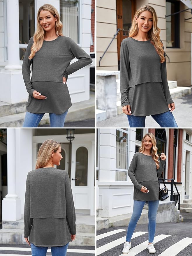 Ecavus Women's 3Pack Maternity Nursing Shirts Long Sleeve Double Layer - Image 6