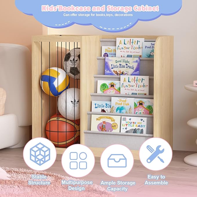 Natural Wood Kids Bookshelf & Stuffed Animal Net Holder Plush Toy Storage - Image 5