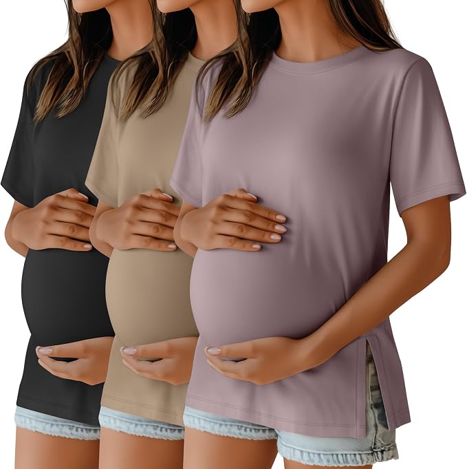 Ficerd 3 Pack Women's Maternity T Shirts, Short Sleeve Side Split Pregnancy by Ficerd