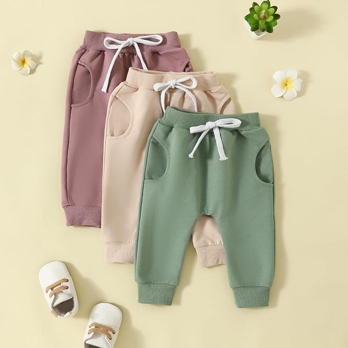 Sejardin Toddler Baby Boy Girl Pants 3 Pack Solid Color Elastic Waist Jogger - Image 2