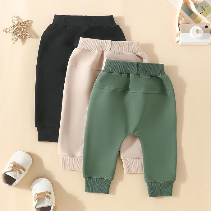Sejardin Toddler Baby Boy Girl Pants 3 Pack Solid Color Elastic Waist Jogger - Image 3
