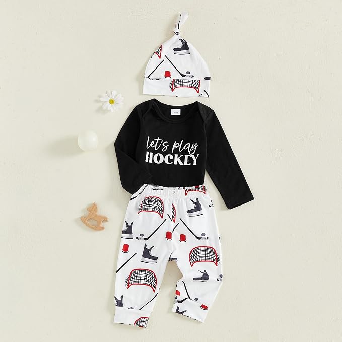 Baby Boy Hockey Outfit New Player in Town Long Sleeve Romper Long Pants Hat Set - Image 3