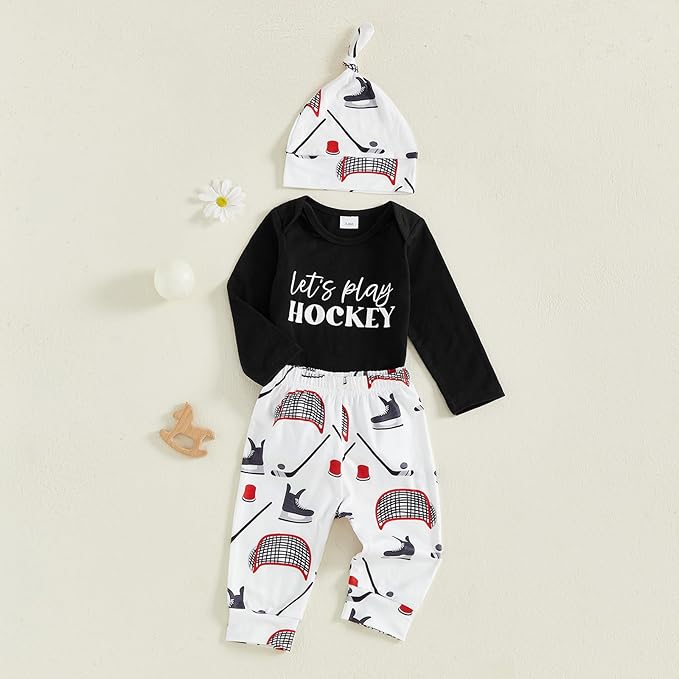 Baby Boy Hockey Outfit New Player in Town Long Sleeve Romper Long Pants Hat Set - Image 3