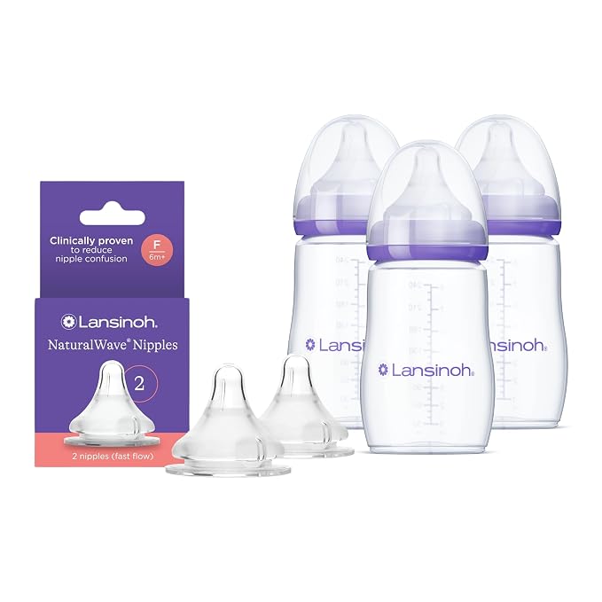 Lansinoh NaturalWave Fast Flow Nipples + 8 oz Anti-Colic Baby Bottles by Lansinoh